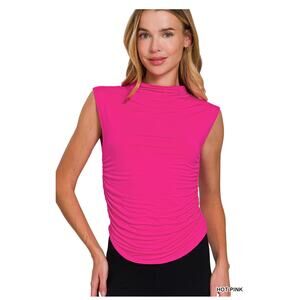 Zenana - Double Layered Ruched Side Mock Neck Top - Small